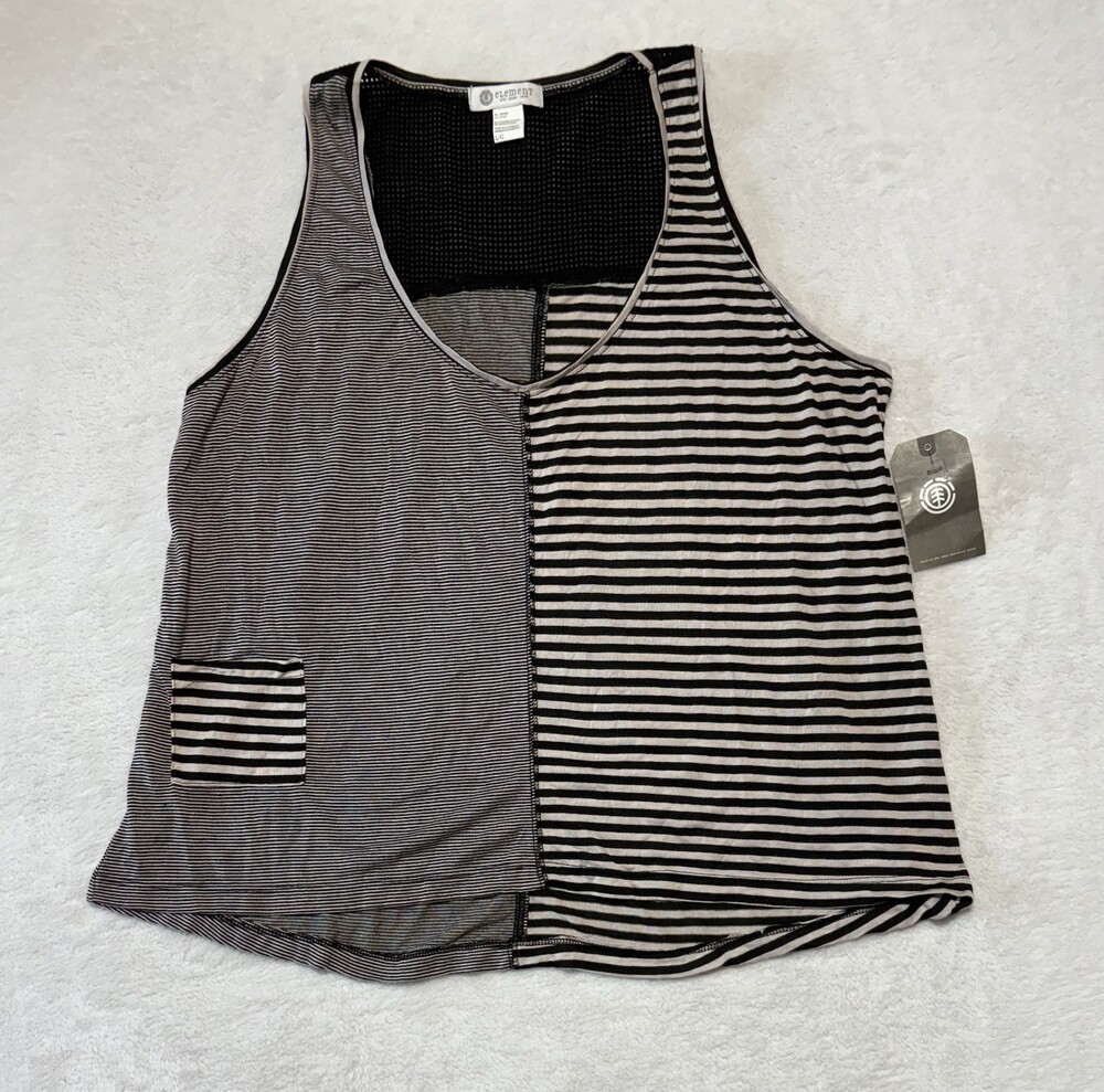 Element Tank Top Womens Large Black Off-White Striped Pocket Mesh Panel New
